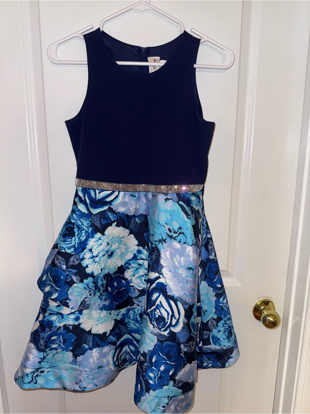 Rare Editions Navy Blue Floral Flare Dress with Sparkle Waistband Girls Size 14